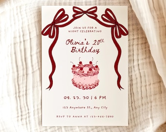 Red Coquette Bow Birthday Invitation, Editable Girly Party Invite with Vintage Cake Design, Printable Pink Aesthetic Birthday Card Template