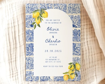 Editable Lemon Mediterranean Wedding Invitation Template, Italian Coastal Blue and Yellow Couple Save the date, Amalfi Coast Canva Download