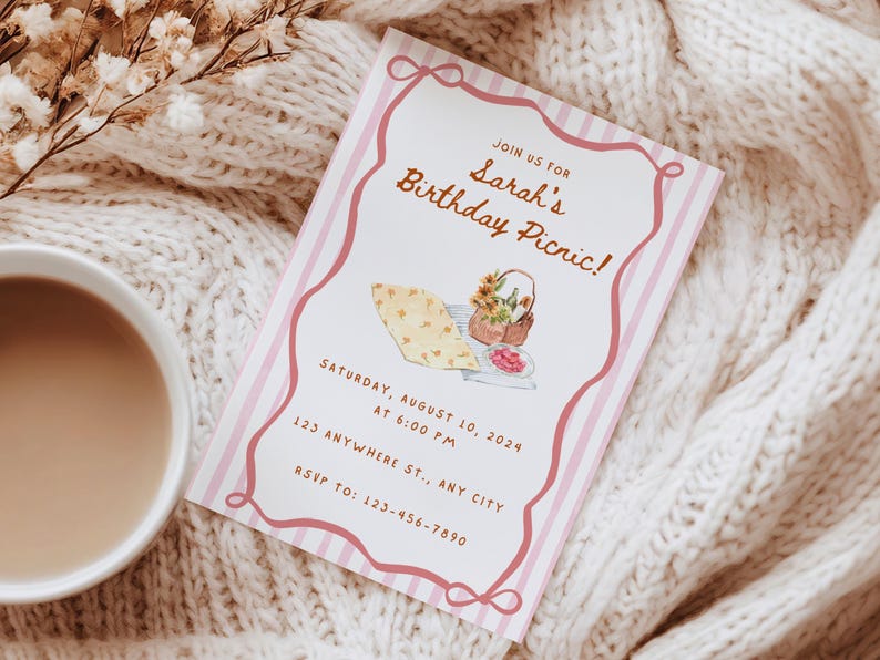 May include: A pink and white striped invitation card for Sarah's Birthday Picnic. The card features a watercolor illustration of picnic food and a basket of flowers. The text includes the date, time, and RSVP information.