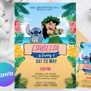 Stitch Birthday Invitation, Lilo Stitch Birthday Invite, Girl Party Birthday Invitation, Editable Stitch Invitation