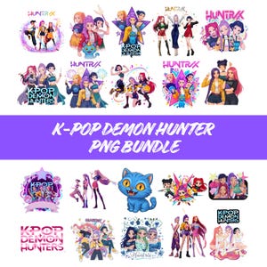 May include: A collection of colorful K-Pop Demon Hunter PNG graphics. The images feature stylized illustrations of female characters in various poses, with text that reads "HUNTRX" and "K-POP DEMON HUNTERS". A blue cat is also featured.