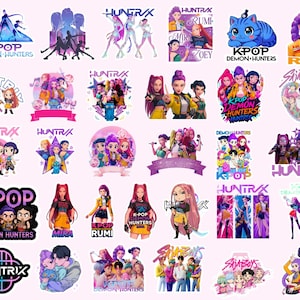 Può includere: Una collezione di adesivi e grafiche colorate a tema K-Pop. I disegni includono figure stilizzate, loghi e testo come "KPOP DEMON HUNTERS", "HUNTRAX" e nomi di personaggi. Gli adesivi presentano una varietà di colori e stili artistici.