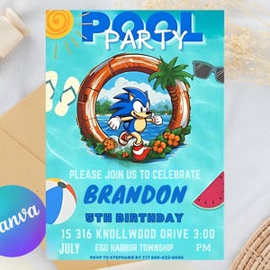 Sonic Pool Party Birthday Invitation, Editable Sonic Canva Template, Sonic Birthday Invite for boys, Summer Party Digital Template