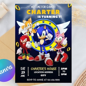 Sonic 3 Birthday Invitation, Super Hedgehog Boys Party Invite, Super Sonic Party Invitation, Editable Sonic Invite Template, Canva Template