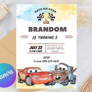 Watercolor Cars Lightning McQueen, Mater Birthday Invitation, Race Invitation, Balloons Invitation, Canva Template