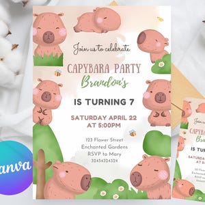 Capybara Birthday Invitation, cute pink Capy Birthday, preppy smile Teen Party, Animals Kid&#39;s Birthday girl Theme, Canva Editable Template