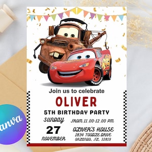 Verjaardagsuitnodiging voor auto&#39;s | Lightning McQueen-uitnodiging, kinderverjaardagsuitnodiging | Bewerkbare, gepersonaliseerde afdrukbare digitale uitnodiging op canvas