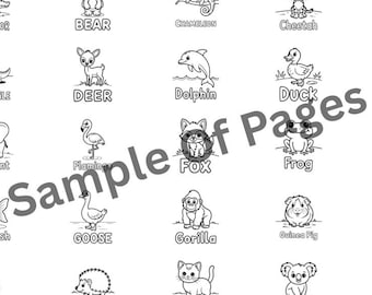 Puede incluir: Ilustraciones en blanco y negro de varios animales, cada uno con su nombre. Incluye un caimán, oso, camaleón, guepardo, cangrejo, cocodrilo, ciervo, delfín, pato, águila, elefante, flamenco, zorro, rana, jirafa, pez dorado, ganso, gorila, cobaya, hámster, halcón, erizo, gatito, koala y león.
