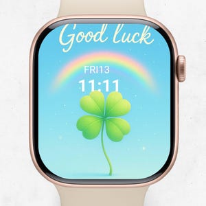 Sfondo Apple Watch con motivo arcobaleno Lucky Clover: grazioso quadrifoglio con scritta "Buona fortuna" / Quadrante digitale positivo / Estetica pastello