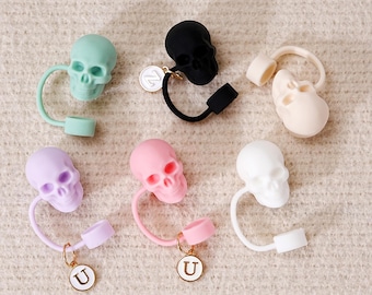 Custom Skull Straw Topper with Letters, Halloween Party Supply, Water Bottle Drink Topper, Silicone Cup Accessory, Cup Accessory Straw Cover