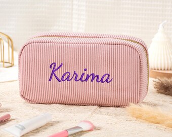 Borsa per il trucco personalizzata, borsa per cosmetici in velluto a coste ricamata, borsa per il trucco con monogramma, regali per addio al nubilato, regalo per damigella d'onore, regalo per lei
