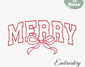 May include: Red embroidered design with the word "MERRY" in a collegiate font, arched above a bow. The design includes the text "Embroidery by DigitalLoomGB" and a green oval with "6 Sizes".