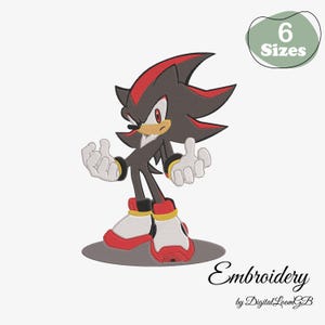 May include: Embroidered design of a black and red character with white gloves and shoes. The character has red eyes and a determined expression. The image includes the text "6 Sizes" and "Embroidery by DigitalLoomGB".