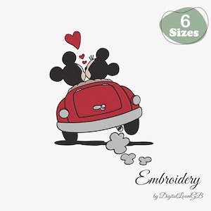 May include: An embroidery design showing a red car with two cartoon characters kissing, a red heart, and the text "Embroidery by Digital Loom GB". The design includes the text "6 Sizes" in a green oval.
