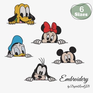 May include: Embroidery design featuring Pluto, Minnie Mouse, Donald Duck, Mickey Mouse, and Goofy. Each character is peeking over a line. The design includes the text "Embroidery by Digital LoomGB" and a circle with "6 Sizes".