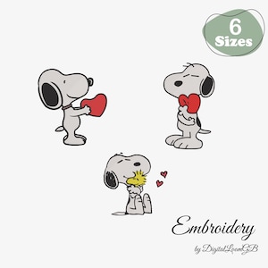 May include: Three Snoopy cartoon character designs in various poses, each with a red heart or bow. The image includes the text "6 Sizes" in a green oval and the word "Embroidery" with the Digital Loom GB logo.