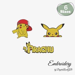 May include: Yellow Pikachu cartoon character designs in various poses, including one wearing a red cap. The word "Pikachu" is also displayed. The image also includes the text "Embroidery" and "6 Sizes".