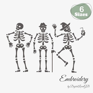 May include: Three stylized skeleton figures in various poses, each with a unique hat, are depicted in a dark gray color. One skeleton raises its hand, another uses a cane, and the third holds a drink. The image includes the text "6 Sizes" and "Embroidery by DigitalLoomGB."