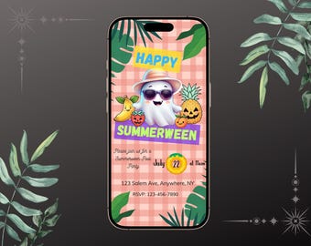 Happy Summerween Invitation! Pool party, ghost, cute ghost, summer, spooky, funny Halloween, digital download