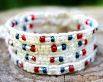 Red White and Blue Macrame Hemp Bracelet, 4th of July, Friendship Bracelet