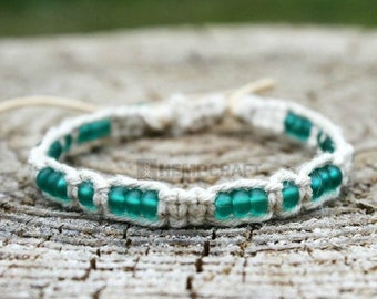 Beaded Hemp Bracelet, All Natural Hemp Bracelet with Frosty Green Glass Beads