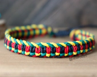 Rasta Hemp Bracelet - Red, Yellow, Green, Black Hand Knotted Friendship Bracelet - Adjustable - Rastafarian, Reggae, Jamaica, Jah, One Love
