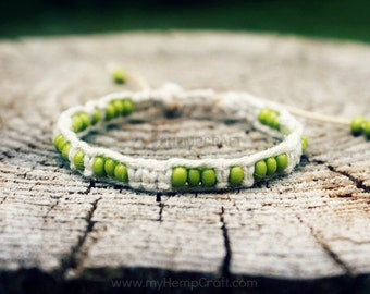 Macrame Hemp Bracelet with Beads, Lime Green Adjustable Hemp Bracelet