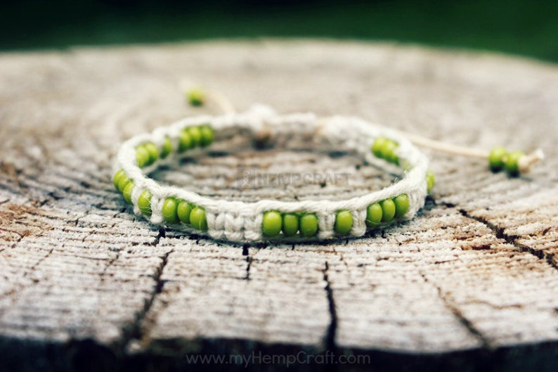 Macrame Hemp Bracelet with Beads, Lime Green Adjustable Hemp Bracelet image 1