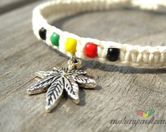 Rasta Macrame Hemp Bracelet with Marijuana Leaf Charm - Adjustable - Ganja, Cannabis, Maryjane