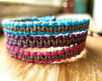 Hemp Bracelet Stack, Berry Grey, Aqua Purple Pink, Set of 3