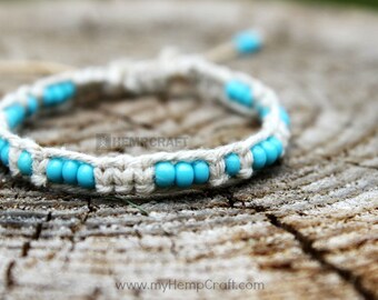 Macrame Hemp Bracelet with Beads, Turquoise Blue Adjustable Hemp Bracelet