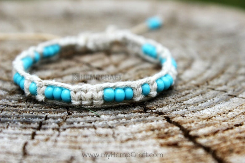 Macrame Hemp Bracelet with Beads, Turquoise Blue Adjustable Hemp Bracelet image 1