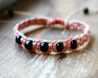 Pink and Black Hemp Bracelet, Beaded Hemp Bracelet, Eco Friendly Jewelry - Choose your own Colors!