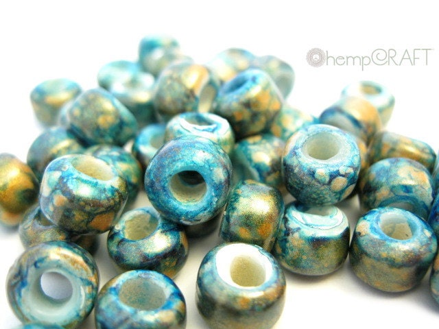 Glass Crow Beads, Turquoise Gold Marbled, 50pc-9mm
