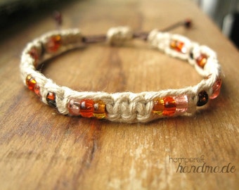 Hemp Macrame Bracelet with Orange Brown and Pink Glass Beads