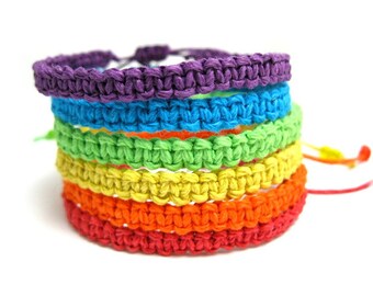 Rainbow Hemp Bracelet Stack, Set of 6 Macrame Woven Friendship Bracelets