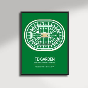 Pode incluir: Impressão emoldurada com um diagrama arquitetônico branco detalhado do TD Garden sobre um fundo verde. O texto "TD GARDEN, BOSTON, MASSACHUSETTS" está abaixo, junto com as coordenadas.