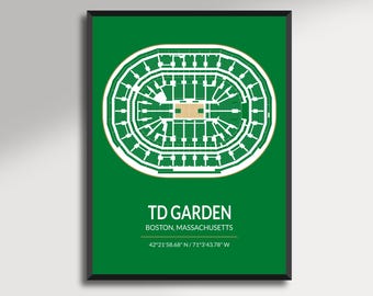 May include: A framed print featuring a detailed white architectural diagram of TD Garden, set against a vibrant green background. The text "TD GARDEN, BOSTON, MASSACHUSETTS" is displayed below the diagram, along with the coordinates.