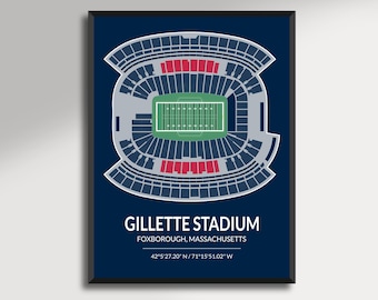 May include: A framed print of Gillette Stadium in Foxborough, Massachusetts. The stadium is depicted in a top-down view with a green field, red seating sections, and the stadium's name and coordinates at the bottom.