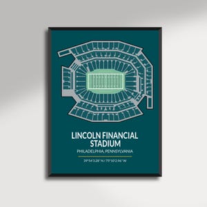 May include: A framed print featuring a detailed architectural layout of Lincoln Financial Stadium in Philadelphia, Pennsylvania. The stadium's design is rendered in gray and green against a teal background, with the stadium's name and location displayed below.