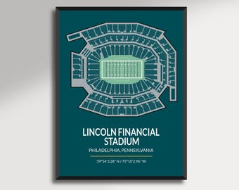 May include: A framed print featuring a detailed architectural layout of Lincoln Financial Stadium in Philadelphia, Pennsylvania. The stadium's design is rendered in gray and green against a teal background, with the stadium's name and location displayed below.
