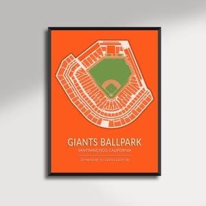May include: A framed print featuring a detailed, white outline of a baseball stadium on an orange background. The stadium's green field and brown infield are visible. Text at the bottom reads "GIANTS BALLPARK, SAN FRANCISCO, CALIFORNIA."