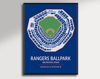 May include: A framed print featuring a detailed schematic of the Rangers Ballpark in Arlington, Texas. The stadium layout is rendered in white against a deep blue background, with a green field and brown infield. Text at the bottom reads "RANGERS BALLPARK, ARLINGTON, TEXAS".