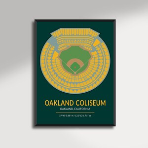 May include: A framed print showing a bird's-eye view of the Oakland Coliseum baseball stadium. The stadium is rendered in yellow, green, and brown on a dark green backdrop. Text at the bottom reads "OAKLAND COLISEUM, OAKLAND, CALIFORNIA" with coordinates.