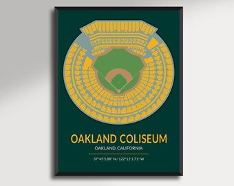 May include: A framed print featuring a top-down view of the Oakland Coliseum baseball stadium. The stadium is depicted in yellow, green, and brown against a dark green background. Text at the bottom reads "OAKLAND COLISEUM, OAKLAND, CALIFORNIA" with coordinates.