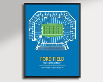 May include: A framed print featuring a detailed white outline of Ford Field stadium on a vibrant blue background. The stadium's green field is visible within the outline. Text at the bottom reads "FORD FIELD, MICHIGAN, DETROIT" with coordinates.