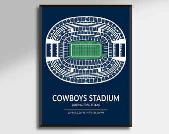 May include: A framed print featuring a top-down schematic of the Cowboys Stadium in Arlington, Texas. The stadium is depicted in white against a navy blue background, with a green field. Text includes "COWBOYS STADIUM" and coordinates.