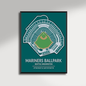 May include: A framed print featuring a detailed overhead view of the Mariners Ballpark in Seattle, Washington. The stadium is depicted in white against a teal background, with the text "MARINERS BALLPARK" and coordinates. A green baseball field is visible.
