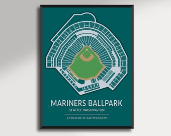 May include: A framed print featuring a detailed overhead view of the Mariners Ballpark in Seattle, Washington. The stadium is depicted in white against a teal background, with the text "MARINERS BALLPARK" and coordinates. A green baseball field is visible.