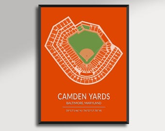 May include: A framed print featuring a top-down view of Camden Yards baseball stadium in Baltimore, Maryland. The stadium is depicted in white against a vibrant orange background. Text at the bottom reads "CAMDEN YARDS, BALTIMORE, MARYLAND" with coordinates.